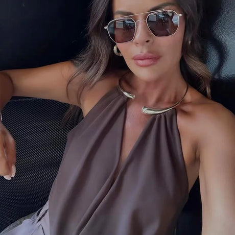 HXAO Sexy Halter Neck Bodysuit Women Summer Brown White Slimming Body Backless Off Shoulder Sleeveless Thong Top Women Bodysuit