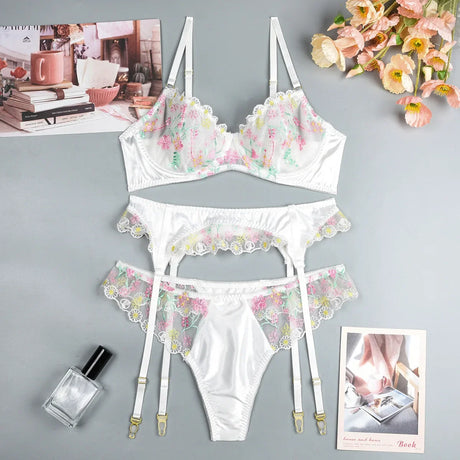 New White Floral Embroidery Fairy Lingerie Sets Transparent Mesh Patchwork Underwear Garter Intimate Panties Erotic Suits