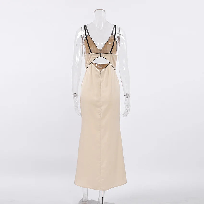 Black Satin Knot Hollow-out Straps Long Dress French Style Sexy Sleeveless Slit Women Summer Dress Lady Evening Party Gowns