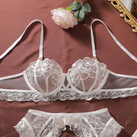 Women's Burgundy Lace Lingerie Set Underwire Bra Thong Panty Garter Straps Stockings Floral Embroidery Sexy Underwear Outfit