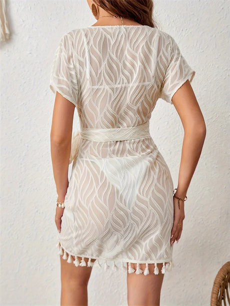 Swim Cover Up Lace White Beach Dress Sexy V-neck Long Cover up Woman Swimwear Bikini Tunic Long Pareos Robe Beachwear Outfit