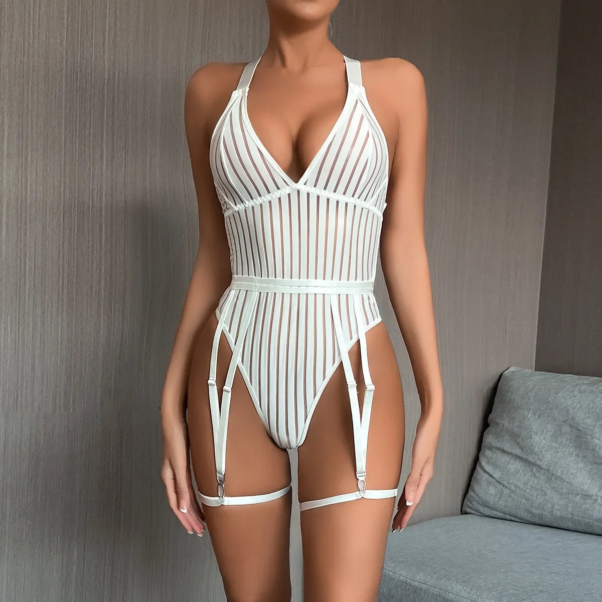 Sexy Lingerie Strip See Through Bodysuit Deep-V Halter Erotic Costumes Backless Jumpsuit Suspenders Underwear Women Garter 2024