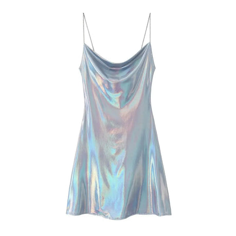 HH Women's Sexy Shinning Metallic Color Slip Mini Dress Woman Fashion Spaghetti Strap Pleated V-neck Slim Party Dresses