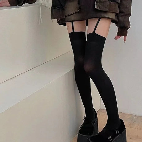 Women Suspender Wide-banded Velvet Tights Lolita Thin Thigh High Stockings with Garters Y2K JK College Style Over The Knee Socks