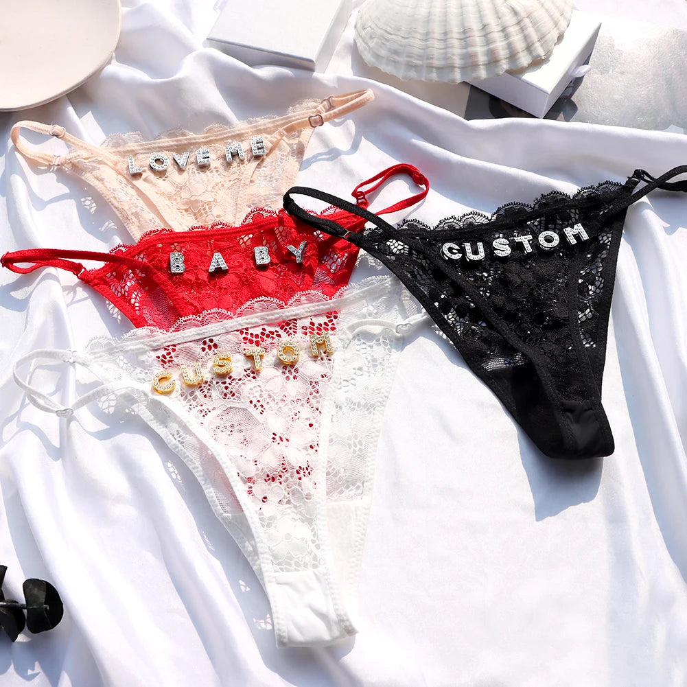 New Hollow Lace Thongs Panties For Women Customize Crystal Letter Name G-string Thong Female Underwear Underpants Birthday Gifts
