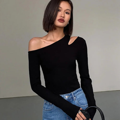 Fashion Skew Collar Off-shoulder Long-sleeved T-shirts Women Spring 2023 New Solid Slim Fit Crop Top Sexy Hollow Out Tees Shirts