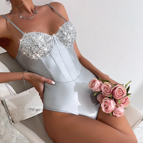 Sleeveless Spaghetti Strap Summer Sequin Underwire Satin Bodysuit Women 2026 Streetwear Sexy Club Outfits One-piece Body Top