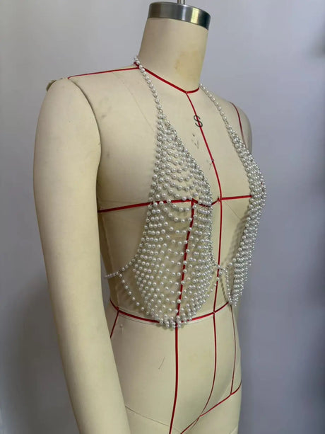 CHICATWILL European Sexy Deep V-Neck Lady Camis Pearls Tops Beach Handmade Beading Body Chains Hot Woman Vest American Female