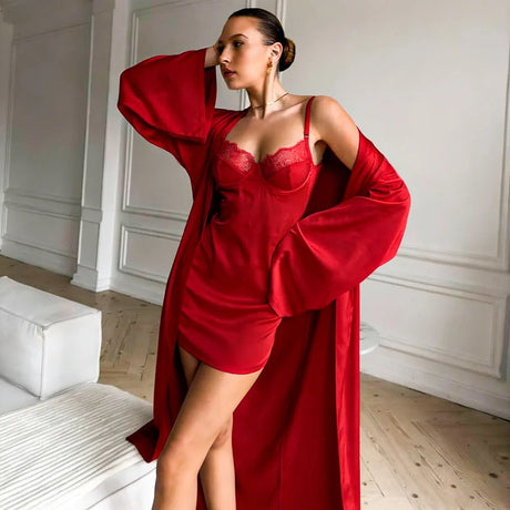 Simulated Silk Lace Splicing Pajamas 2026 Spring New Sexy Nightgown Lace-Up Robe Two-Piece Set Women's Home Wear
