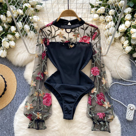 SINGREINY Vintage Embroidery Gauze Sexy Bodysuits Stand Collar Long Sleeve Playsuits Fashion Spliced Women Open crotch Rompers
