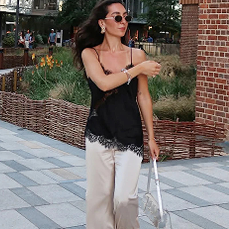HXAO Lace Asymmetrical Top Women Tanks & Camis Summer 2025 Black Slip Sleeveless Top Ladies y2k Backless Off Shoulder Camisole