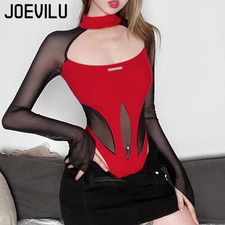 Mesh Long Sleeve Hollow Out Bodysuit Streetwear All Season Fashion Women's Solid Color Slim Fit Tops Y2k Gothic Sexy Rave Outfit
