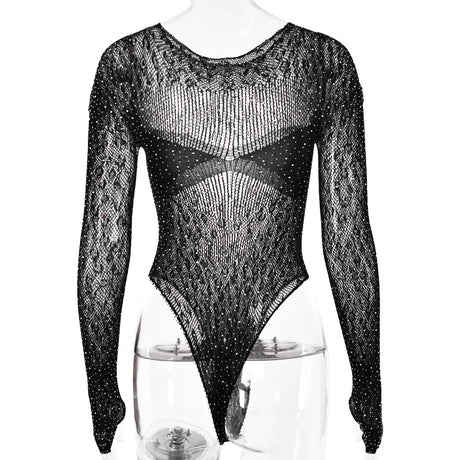 Women Slim See Through Long Sleeve Romper Tops Shiny Rhinestone Tshirt Bodysuit Party Club Hollow Out Wrap Overalls Tops