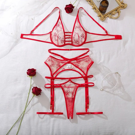 Women's Red Floral Embroidered Lingerie Set 4 Piece Underwire Bra Garter Belt Panty Stockings Sexy Nightwear Set Elegant Trendy