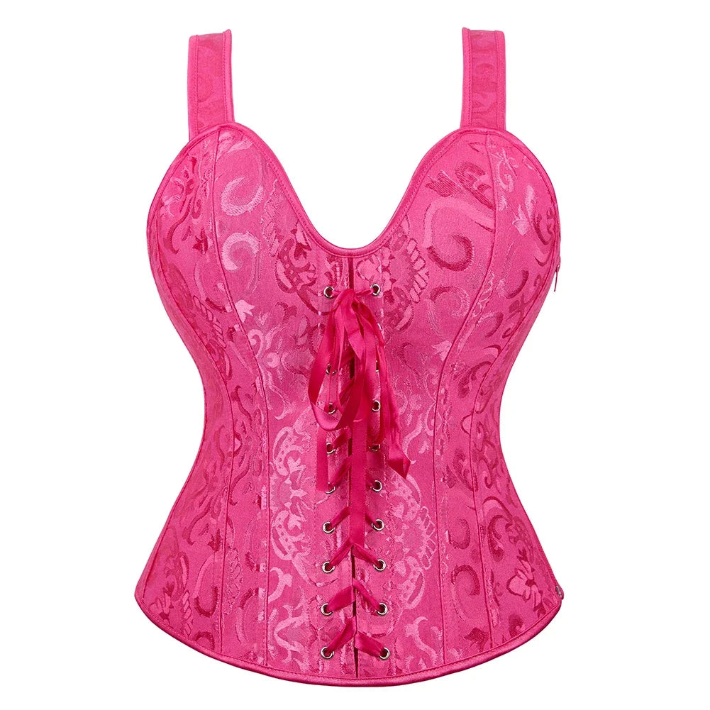 Gothic Corset Top With Straps Sexy Floral Zipper Brocade Overbust Lingerie Burlesque Body Shaper Lace Up Bustier Plus Size