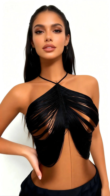 AKYZO European and American Sexy Tassel Black Top Stylish Hanging Neck Vest Spicy Girl Versatile Women's Clothing