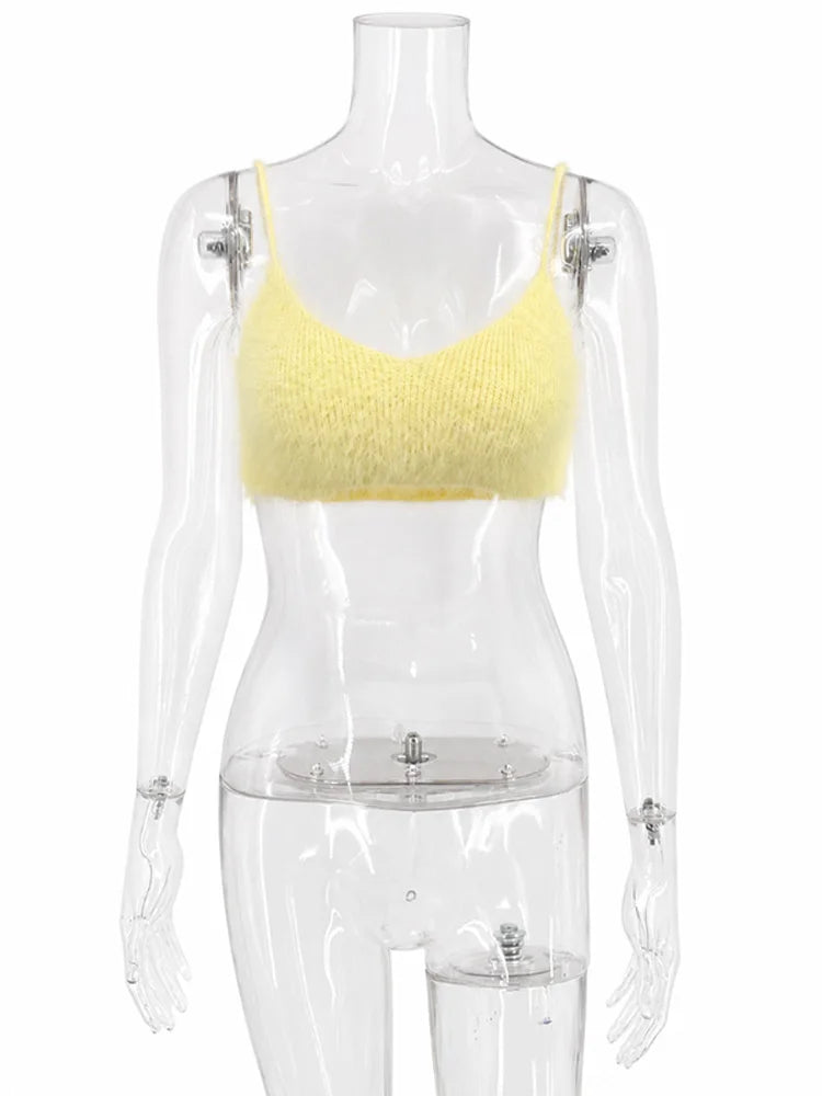 Tossy Crop Top Women Camisole Spaghetti Strap Scoop Neck Fuzzy Knit Party Club Sleeveless Slim Fit Spring Summer Y2K Casual Top