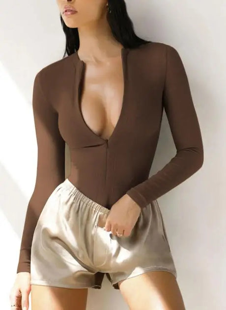 Bodysuit Women 2026 Spring New Solid Color Half Zipper Design Round Neck Long Sleeve Skinny Daily Basic Knit Bodysuit Top