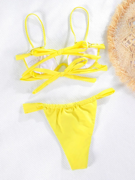 Solid Color Swimwear Ties Yellow Swimsuit Women Micro Bikini Thongs Summer Push Up Biquini Brazilian String Bathing Suit