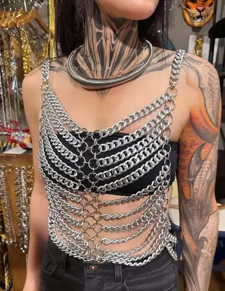 Bright Shining Women's Silver Tank Top Half Skirt Holiday Set Top Waist Accessories Bar Nightclub Sexy Body Chain