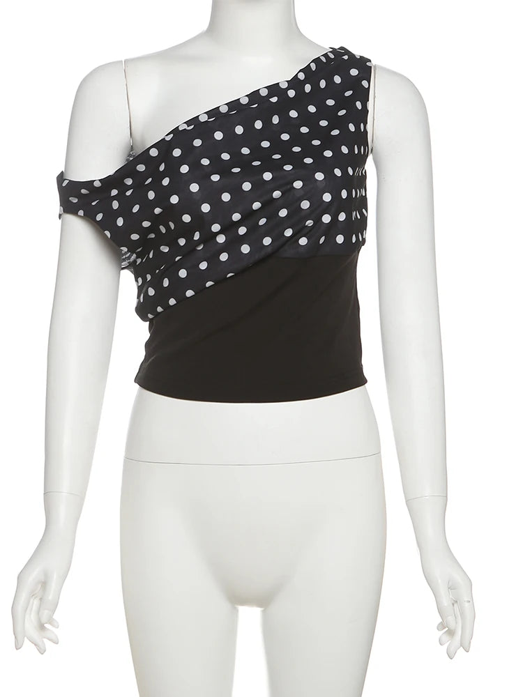 Weird Puss Polka Dots Print T-Shirts Women Summer Trend Skew Collar Off Shoulder Backless Street Fashion Trend Ruched Crop Tops