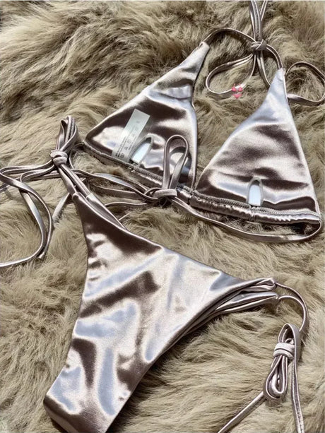 Wrap Around Halter Metallic Satin Bikini Women Swimwear Female Swimsuit Two-pieces Bikini Set Brazilian Bathing Suit Swim Lady