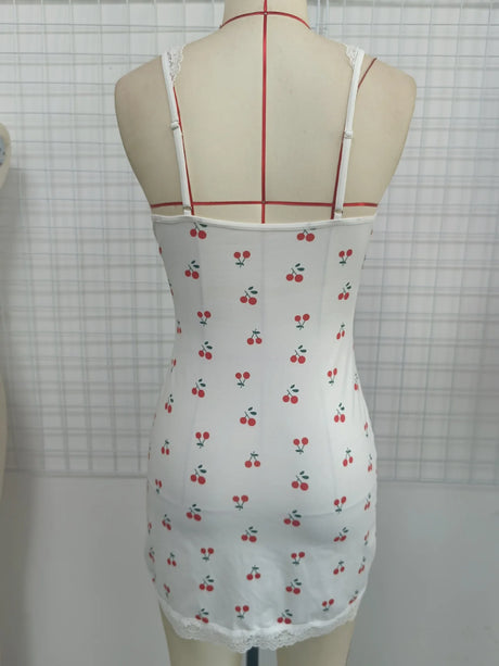 Sexy Cherry Print Nightgown Women's Lace Trim Lingerie Criss Cross Cami Mini Dress Cute Bodycon Chemise Trendy Nightwear New