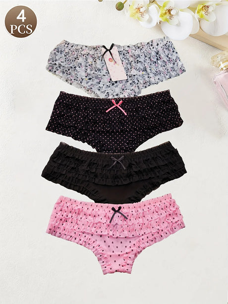 4PCS Cute dot small floral patterns sweet knitted fabric with lace stitching Women's low waist brief Seamless breathable fa