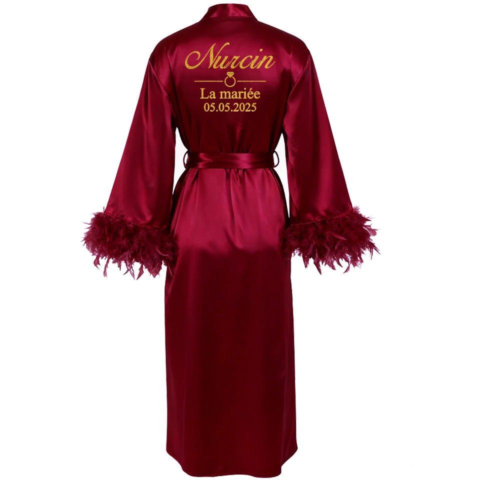 Customized Bathrobe for Women Personalized Name And Date Robe Add Any Text Gown for Bridal Party Feather Bride Robes
