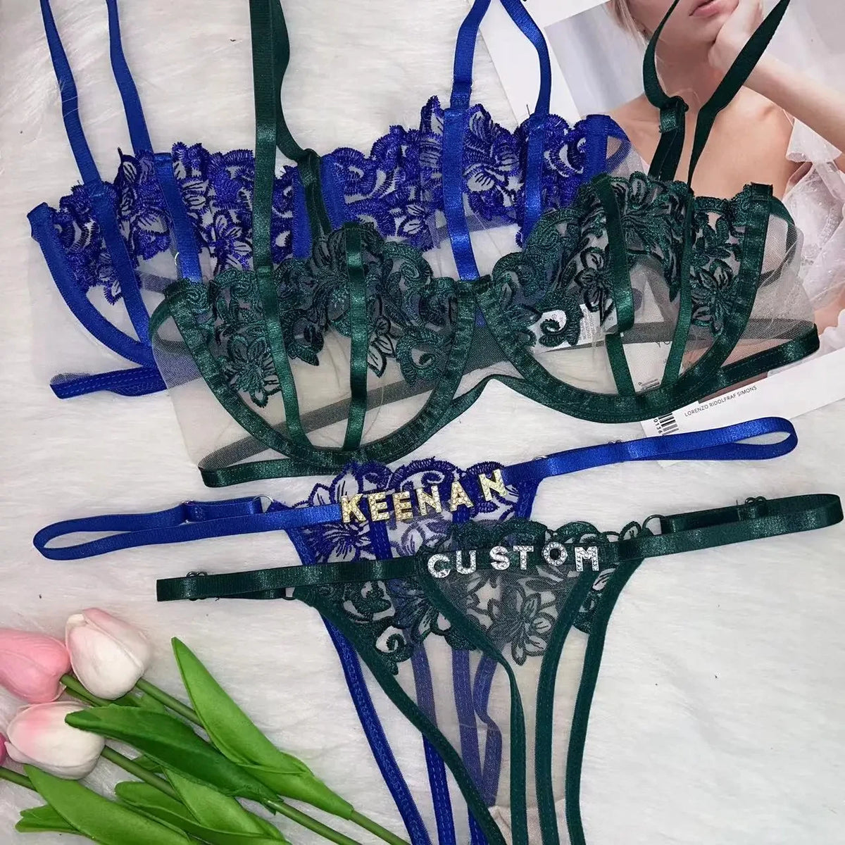 Custom Name Thong Bra Sets For Women Customized Underwear Hotwife Lingerie Lace Flower String Underpants Personality Panties