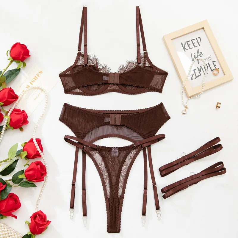 Women's Red Lace Lingerie Set with Underwire Bra High Waist Garter Belt Thong and Thigh Straps Romantic Bedroom Outfit Set 2026