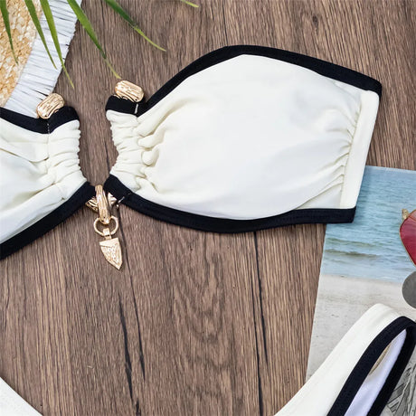 White Bandeau Bikinis Sets Woman Sexy Swimsuit Contrast Color Metal Buckle Swimwear High Cut Bathing Suit Brazilian Bikini Mujer