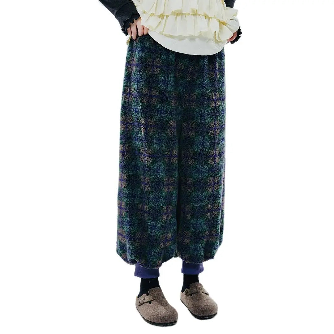Green Plaid Lamb Wool Lantern Pants Female clothing women's pants and trousers Elastic Waist Loose Baggy Trousers for woman