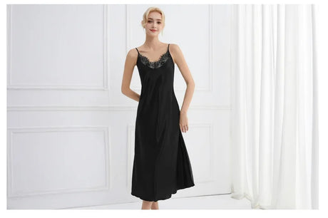 Sexy Women Long Nightgown Intimate Lingerie Patchwork Lace Suspender Nightdress Chemise Sleepwear Loungewear Silk Satin Homewear
