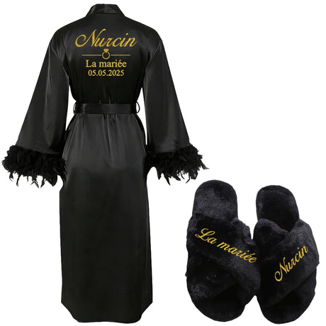 Customized Bathrobe for Women Personalized Name And Date Robe Add Any Text Gown for Bridal Party Feather Bride Robes