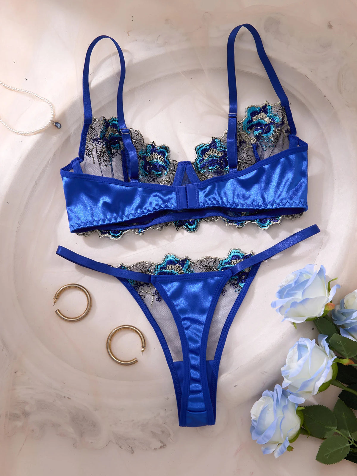 Women Royal Blue Floral Embroidery Lingerie Set Satin Sheer Mesh Underwire Bra & Thong Intimate Underwear ZA825146