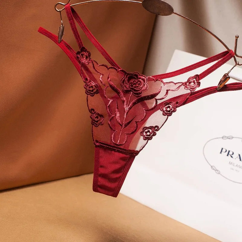 Women French Embroidery Panties, Low Waist Sheer Straps Seamless Breathable Plus Size Triangular Underwear