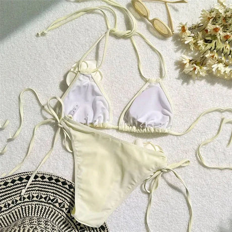 Sexy Flower Bandeau Swimwear Thong Bikini Women Lace-up Swimsuits Swimming Bathing Suit Brazilian Bikinis Set Mujer Biquini