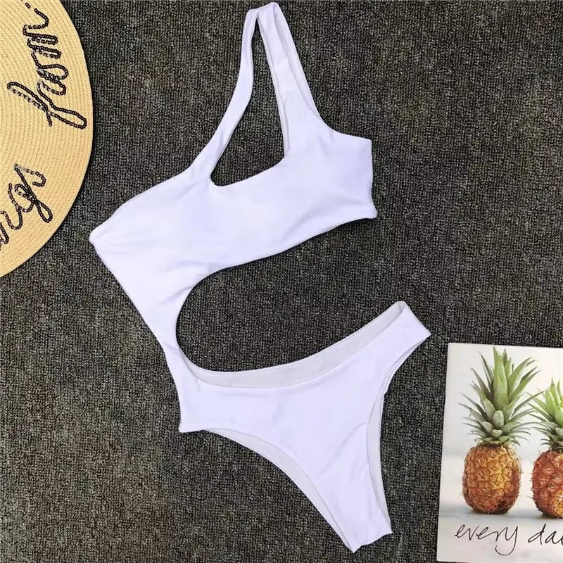 One Shoulder Swimwear Women One Pieces Swimsuit Solid Badpak Dames Beach Wear Hollow Out Monokini Maillot De Bain Trikini Mujer