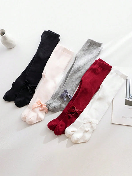 5 Pairs Solid-Color Leggings for Girls with Bownot Decoration,Breathable Pantyhoses Suitable for Daily Wear in Spring and Autumn