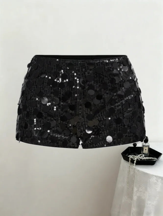 Women's Black Disc Sequin Mini Shorts High Waist Bodycon Shorts