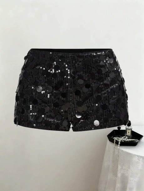 Women's Black Disc Sequin Mini Shorts High Waist Bodycon Shorts