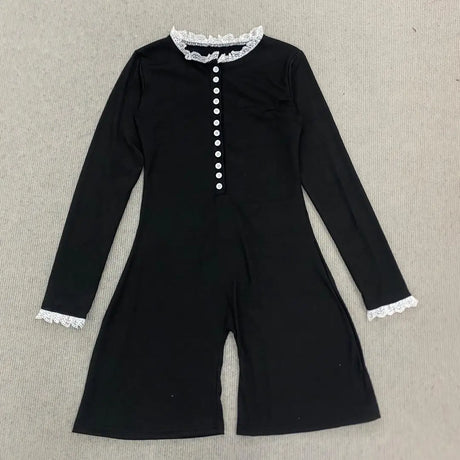 Spring and Autumn Women's Lotus Leaf Edge Decorative Long Sleeve Button Half Open Skirt Slimming Short jumpsuit Casual