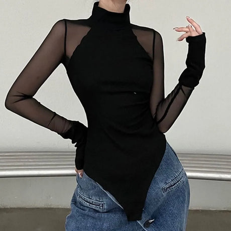 Fashion High Collar Long Sleeve Jumpsuit Translucent Simple Romper Shorts Female Clothes Slim Fit Lace Bottoming Shirt Female
