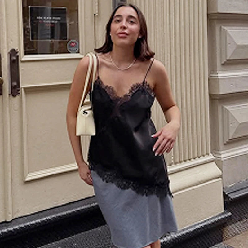 HXAO Lace Asymmetrical Top Women Tanks & Camis Summer 2025 Black Slip Sleeveless Top Ladies y2k Backless Off Shoulder Camisole