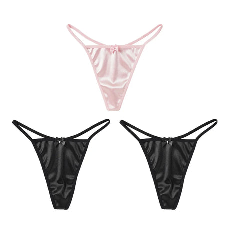 1/3Pcs Women Satin Thong Underwear Sexy Low Waist Bow G-string Cotton Crotch T-back Panties M-2XL