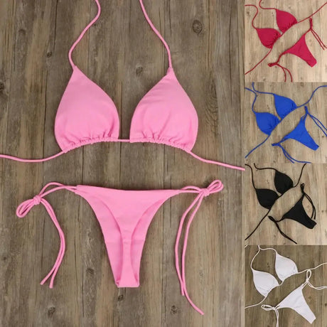 Solid Red String Bikini Set Halter Neck Triangle Top Side Tie Thong Bottom Women Summer Beach Swimwear