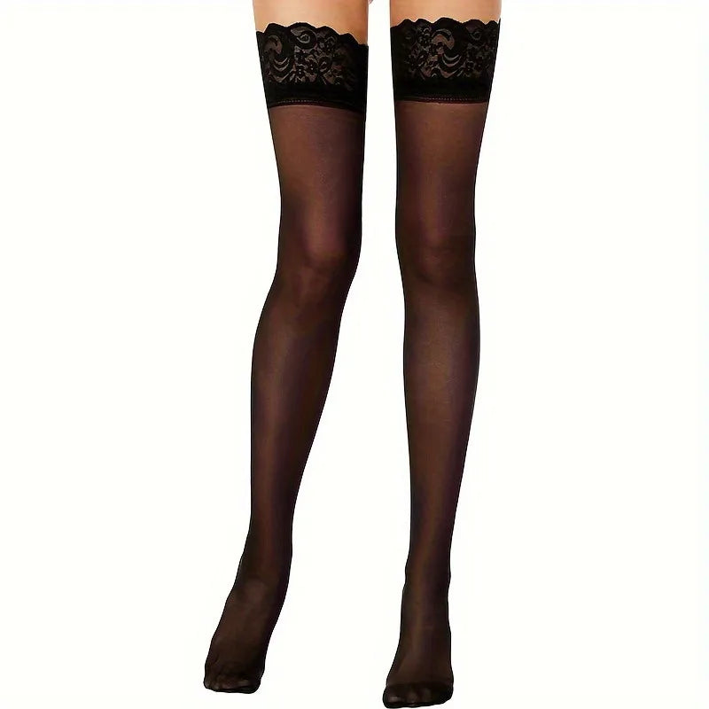 Women's Black Lace Thigh High Stockings, Sheer Over Knee Hosiery with Wide Elastic Top for Dresses, Party and Daily Wear