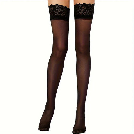 Women's Black Lace Thigh High Stockings, Sheer Over Knee Hosiery with Wide Elastic Top for Dresses, Party and Daily Wear