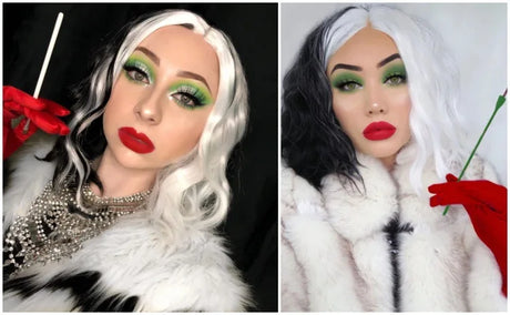 Cosplay Halloween Party Wigs CRUELLA Deville De Vil Black White With Bangs Short Bob Hair for Women Heat-Resistant Synthetic Wig